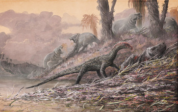 A reconstruction of <em>T. rhadinus</em> feasting on a relative of early mammals.